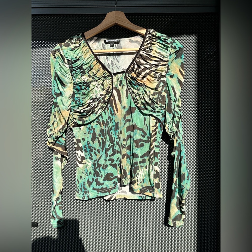 HarryWHO Green Leopard Jersey Top with Velvet Finish Size 14 - Picture 1 of 11
